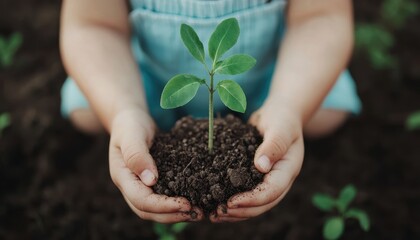 Children planting trees with adults, symbolizing kindness to nature and future generations, deep depth of field capturing the teamwork, World Kindness Day