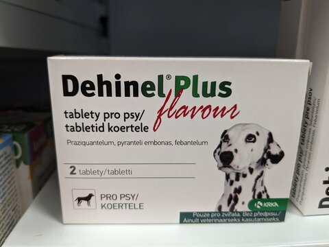 Prague,Czech Republic-May 9 2024:DEHINEL by KRKA is a broad-spectrum anthelmintic used to treat parasitic infections in pets, targeting intestinal worms such as roundworms, hookworms, and tapeworms