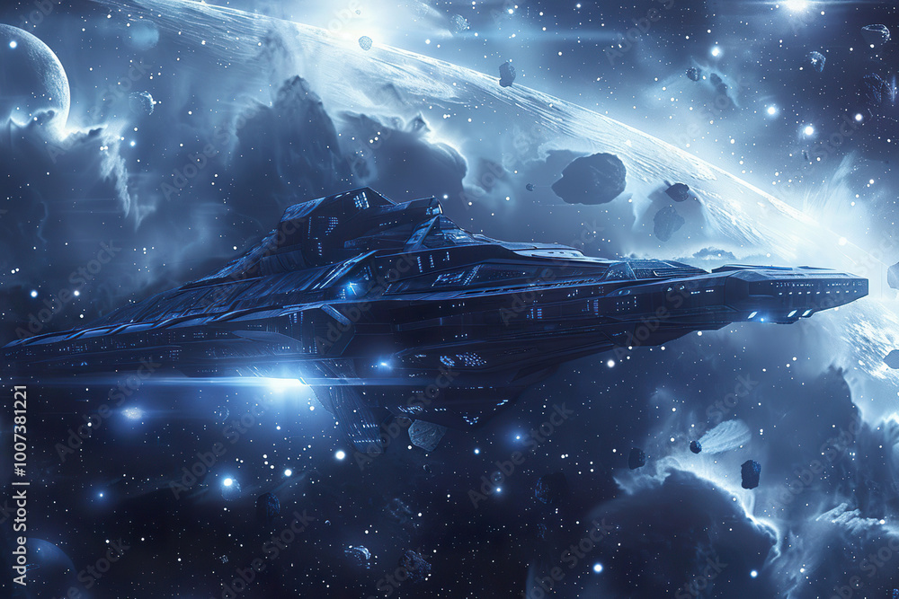 Canvas Prints a space scene with a large planet and a bunch of stars.,