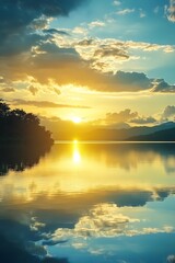Obraz premium Peaceful Sunset Reflection on Calm Lake Water