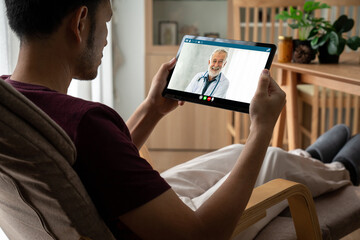 Doctor video call online by modish telemedicine software application for virtual meeting with...