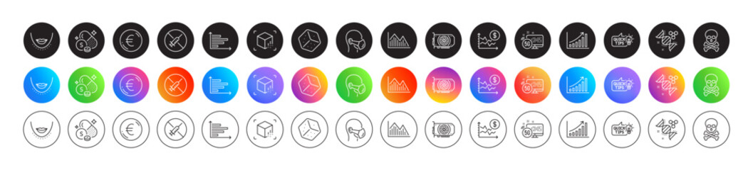 Dice, Augmented reality and 5g internet line icons. Round icon gradient buttons. Pack of Horizontal chart, Education idea, Medical mask icon. Chemistry dna, Graph chart, Euro money pictogram. Vector