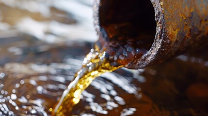 Fototapeta premium Contaminated water flowing from a rusty pipe stands out against a white background