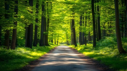 Fototapeta premium A sun dappled forest lined with vibrant green