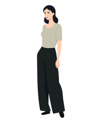 Vector illustration of a girl with a beige t-shirt and wide black pants.