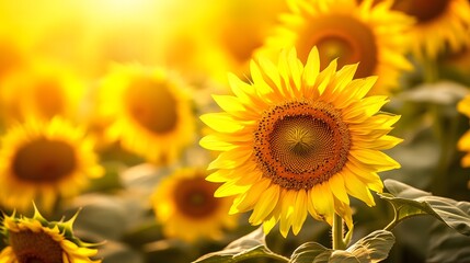 Obraz premium A sunflower field glowing under the warm hues