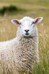 Obraz premium White Sheep in Green Grass Field, Close Up Portrait