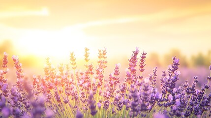 A vast lavender field glowing under the golden light