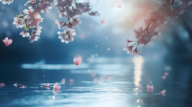 Cherry blossoms blooming along a peaceful river