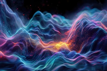 Obraz premium Abstract digital landscape with flowing particles. Cyber or technology background