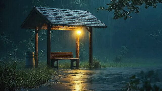 A lonely wooden bench sits under a covered shelter in a misty forest, lit by a single lamppost as rain falls.
