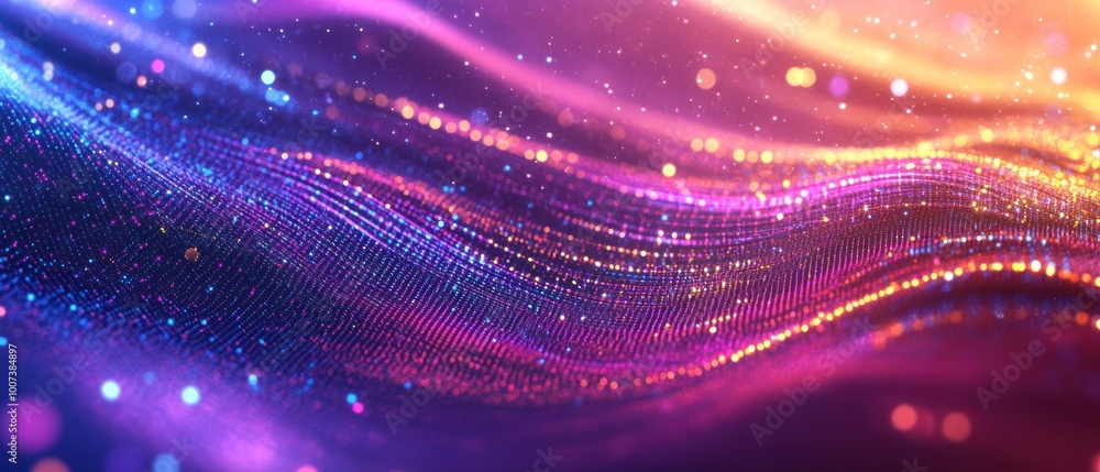 Poster abstract technology background made of interconnected wavy dots and flowing lines