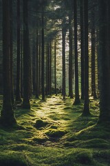 Obraz premium Sunbeams Shining Through Trees in a Lush Green Forest