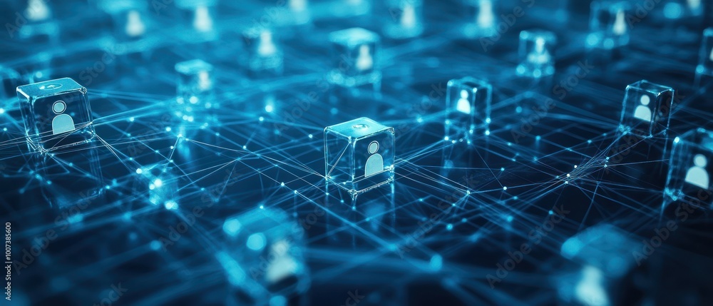 Poster social network of digital nodes representing secure, decentralized transactions and communication sy