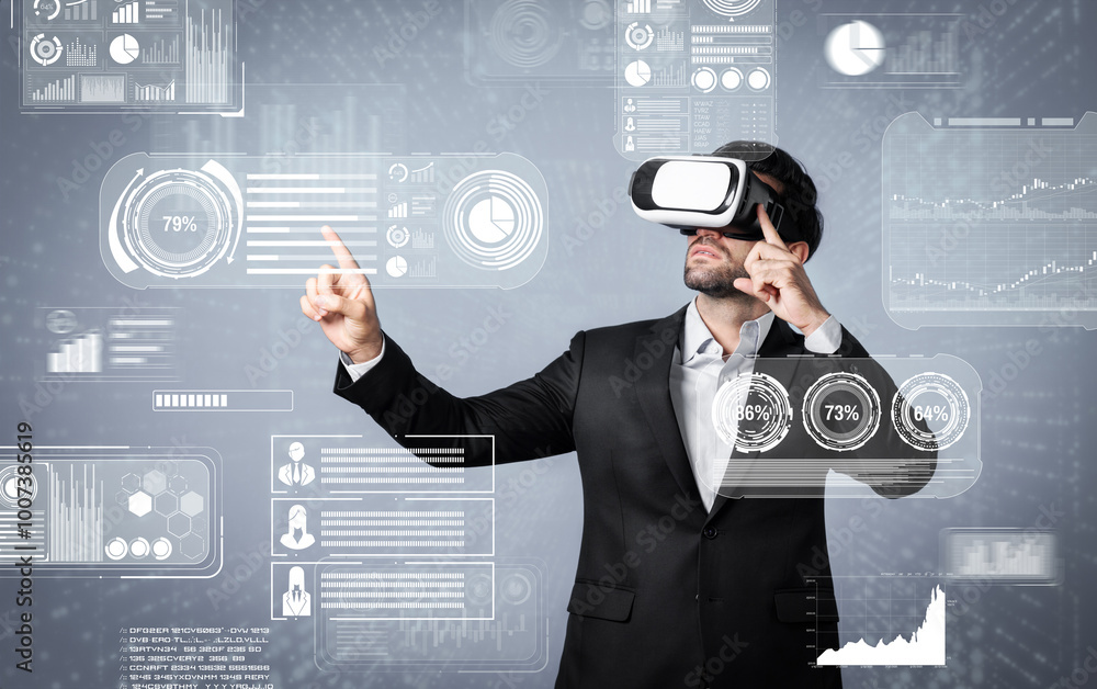 Poster skilled business man looking data analysis while planning strategy by using visual reality glasses. 