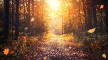 Obraz premium A forest path surrounded by vibrant autumn foliage