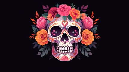 Fototapeta premium a Mexican skull adorned with vibrant roses, embodying the spirit of Dia de los Muertos. This colorful sugar skull design showcases intricate floral patterns and celebrates the rich cultural heritage 