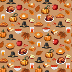 Thanksgiving day seamless vector pattern with pumpkins, hats, turkey, pumpkin and apple pies, and autumn leaves. Autumn repeating background for party invitation, fabric, packaging, dinner party