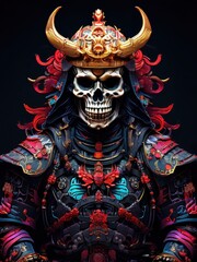 Fototapeta premium A vibrant samurai skull figure adorned with intricate armor and decorative elements.