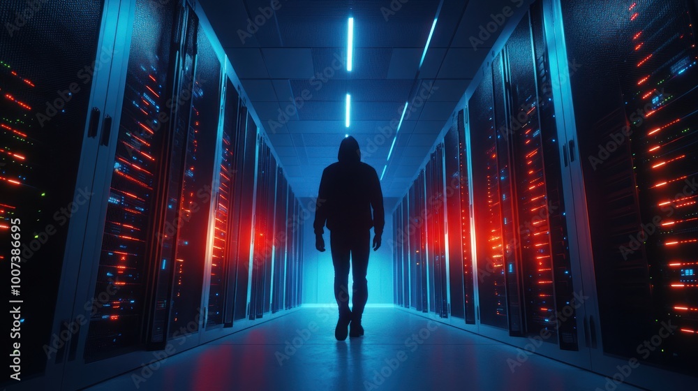 Poster hacker in a server room