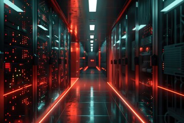 Fototapeta premium Data center with rack servers supercomputers and internet visualization.