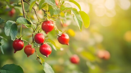 close-up of a fresh ripe rosehip hanging on branch tree