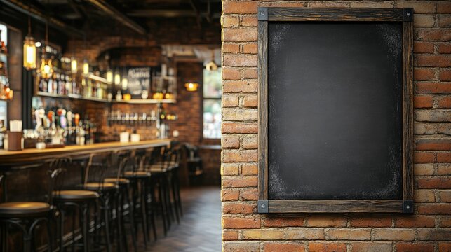 Cozy Rustic Bar Interior with Empty Chalkboard on Brick Wall for Menu Display in Warm Ambient Lighting