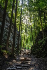 Obraz premium Sunlit stone path through a dense forest with tall trees and rocky cliffs