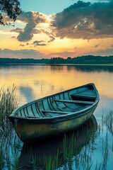 Obraz premium Wooden Rowboat Moored at Tranquil Lake Shore with Sunset Sky