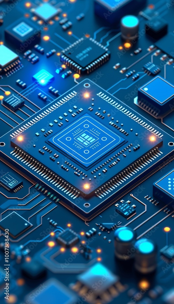 Aufkleber a microprocessor is showcased on a circuit board illuminated by blue leds. vertical