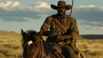 A Buffalo Soldier, wearing a military uniform with a wide-brimmed hat, riding on horseback across the Western plains, his rifle slung over his shoulder. Buffalo Soldier riding across the plains.


