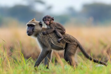 Baboon riding on mother's back, Kruger National Park, Chacma baboon (Papio ursinus)