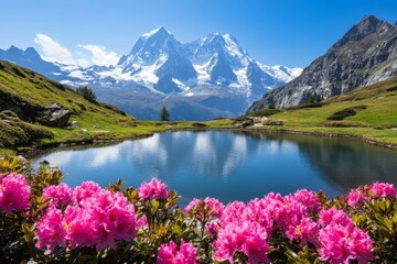 Rhododendrons and blue waters of Lake Andossi, Montespluga, the Chiavenna Valley, Sondrio province, Valtellina, Lombardy
