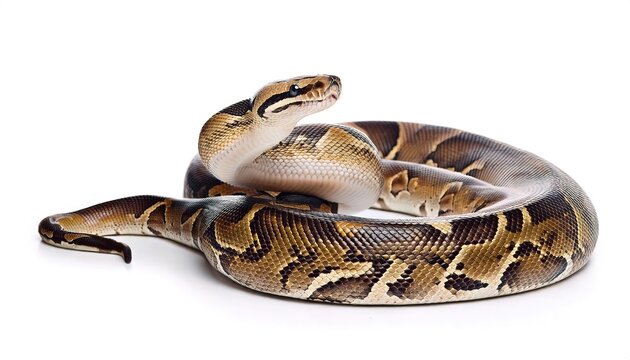 reticulated python - Malayopython reticulatus - is a python species native to South and Southeast Asia and an invasive snake decimating native wildlife in South Florida USA.  Isolated on white