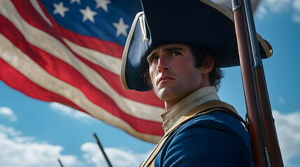 A Continental Army soldier from the American Revolution, wearing a tricorn hat and blue uniform, holding a musket and standing on a battlefield with the American flag waving behind him. American Revol