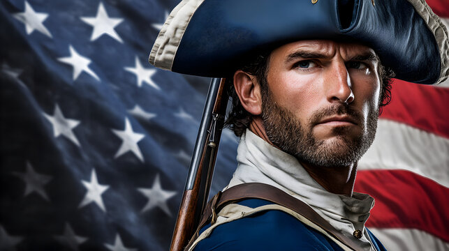 A Continental Army soldier from the American Revolution, wearing a tricorn hat and blue uniform, holding a musket and standing on a battlefield with the American flag waving behind him. American Revol