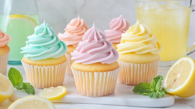 Colorful cupcakes with creamy frosting and refreshing lemonade on a bright kitchen counter