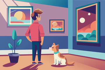 Man stands in front of paintings in the art gallery. Vector flat illustration
