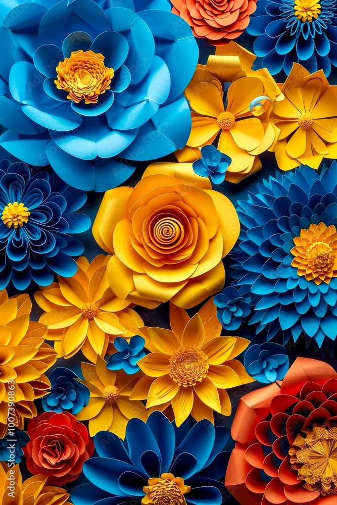 Poster an array of handcrafted paper flowers in vibrant blue and orange hues is beautifully arranged on a d