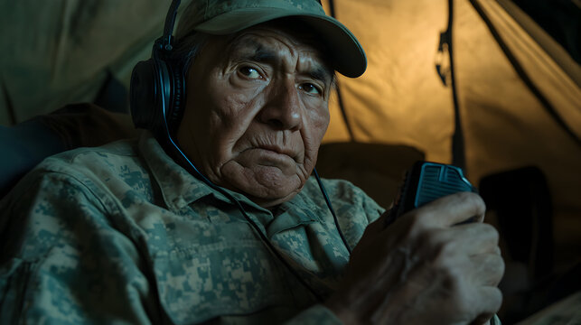 A Native American Code Talker from World War II, sitting in a military tent with a radio in hand, transmitting crucial coded messages during a battle. Code Talker transmitting messages in World War II