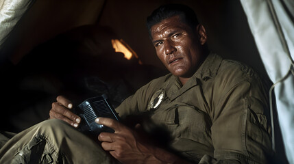 A Native American Code Talker from World War II, sitting in a military tent with a radio in hand, transmitting crucial coded messages during a battle. Code Talker transmitting messages in World War II