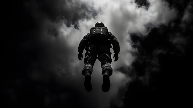 A paratrooper from the 101st Airborne Division, fully geared up with helmet and parachute, jumping from a plane into the dark skies over Normandy on D-Day. Paratrooper jumping over Normandy on D-Day.
