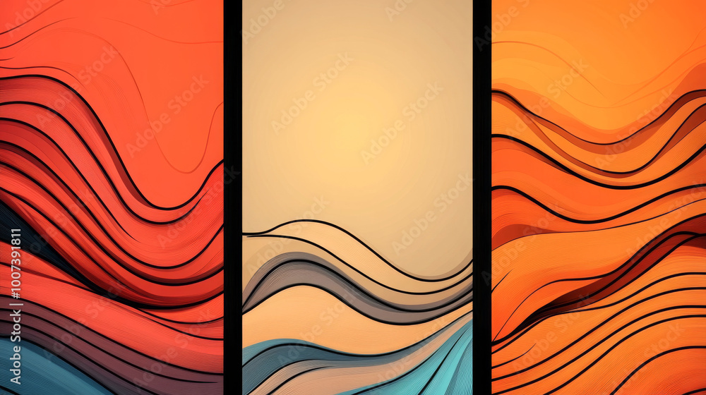 Wall mural abstract wave pattern in red, orange, blue and beige.