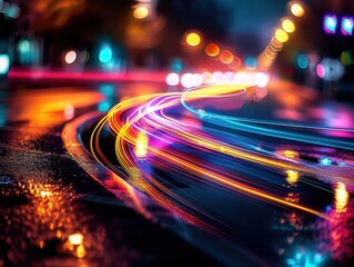Abstract light trails in a cityscape, dynamic and vibrant, Urban, Bright hues, Photograph, Night motion