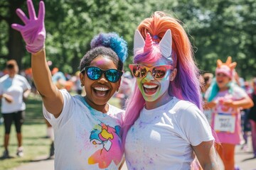Photograph of confident, enthusiastic female runners cheering at a park charity run