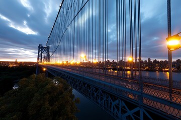 Obraz premium A hyper-realistic image of an urban bridge at sunset, where the cables, steel, and lights are captured in vivid detail, highlighting the scale and precision of city infrastructure.