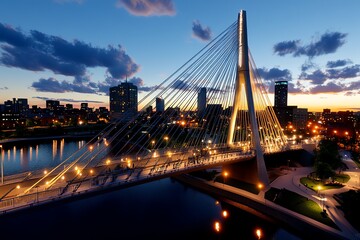 Fototapeta premium A hyper-realistic image of an urban bridge at sunset, where the cables, steel, and lights are captured in vivid detail, highlighting the scale and precision of city infrastructure.
