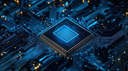 Close-up of a glowing blue CPU on a circuit board