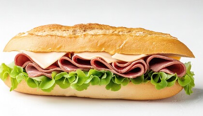 roast beef sub or submarine sandwich made with very rare, thinly sliced or shaved and piled on a roll with toppings that include lettuce, tomato, cheese and a variety of sauces.  On white background