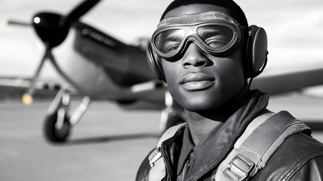 A Tuskegee Airman, wearing a leather flight jacket and aviator goggles, standing proudly in front of a P-51 Mustang fighter plane on an airstrip during World War II. Tuskegee Airman in front of a figh